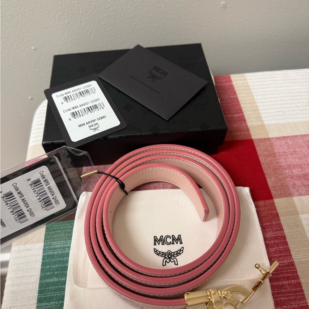 MCM Pink Leather Belt with Gold Buckle